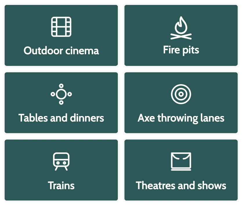 Reserved seating for outdoor cinema, fire pits, tables and dinners, axe throwing lanes, trains, and theaters and shows